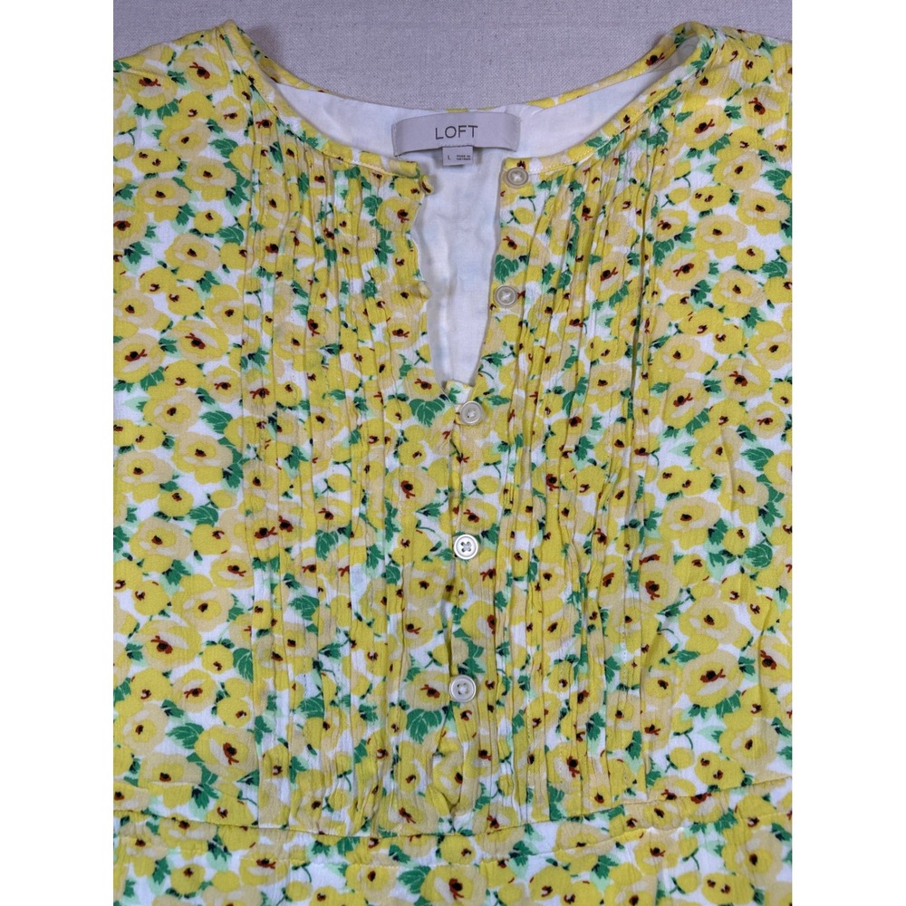 LOFT Yellow Floral Pintuck Mini Dress Womens Large Short Sleeve Side Tie Rayon